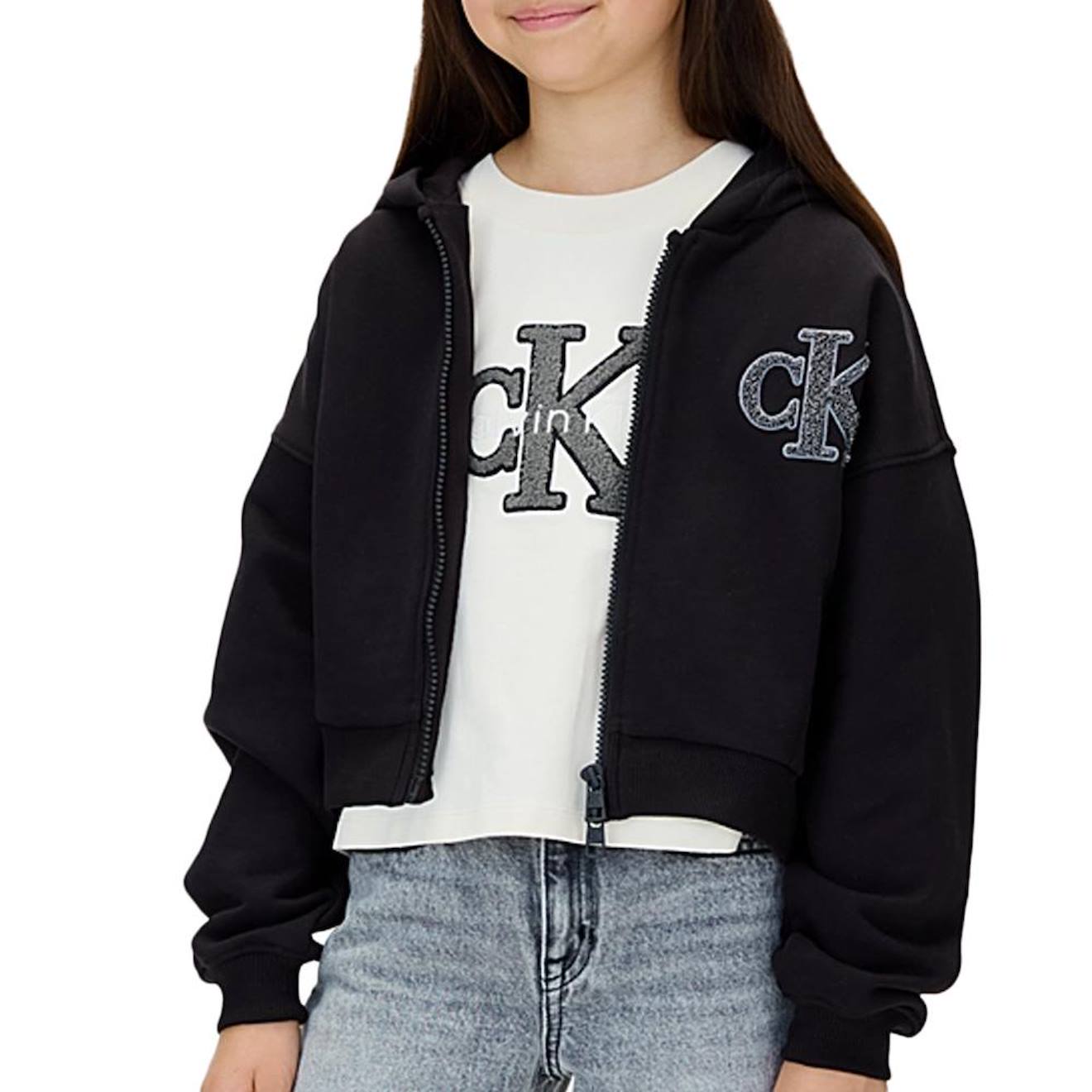 Sweat Fille À Capuche Zippé Avec Logo Noir