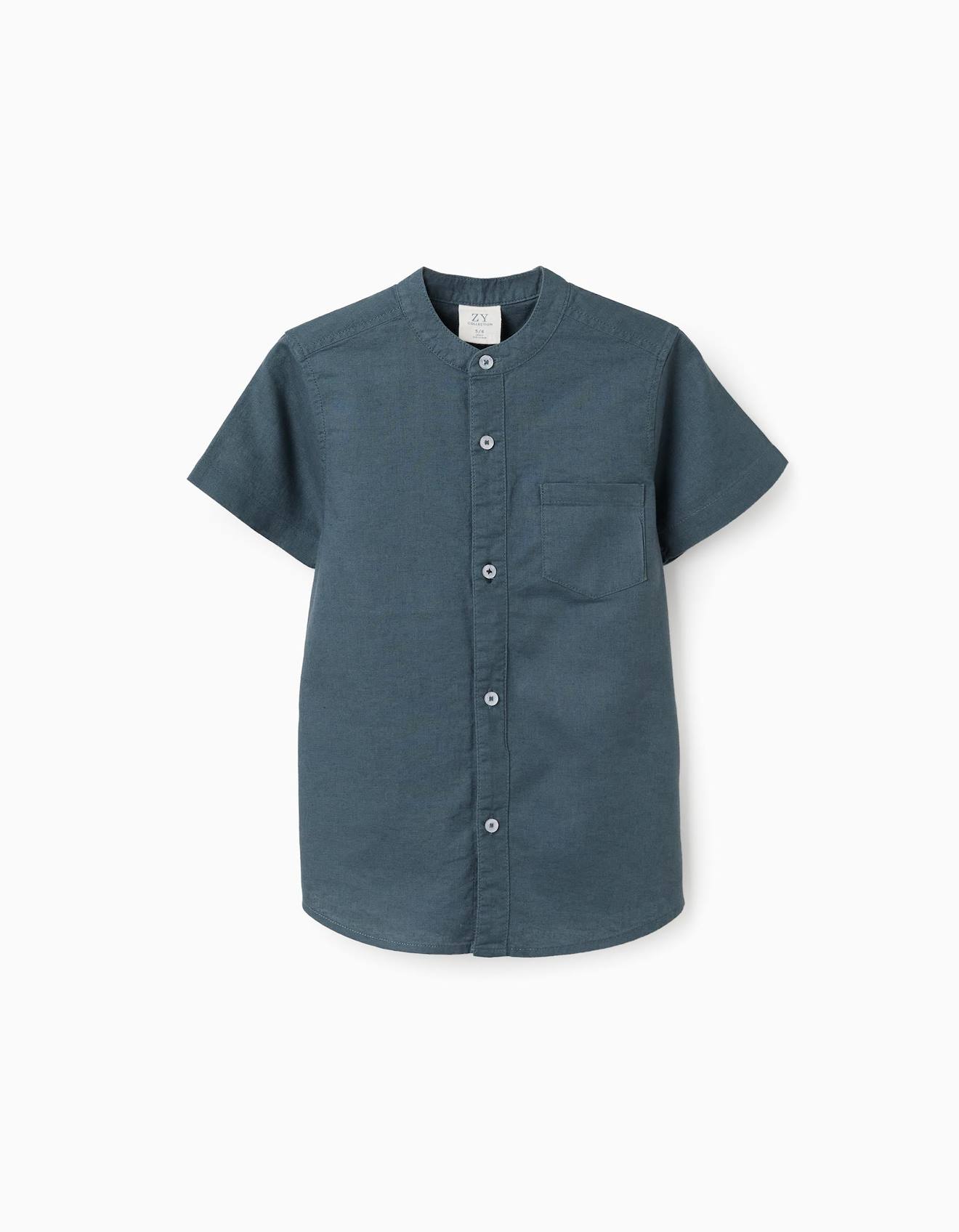 Chemise À Manches Courtes En Lin Et Coton Avec Poche Bleu Foncé