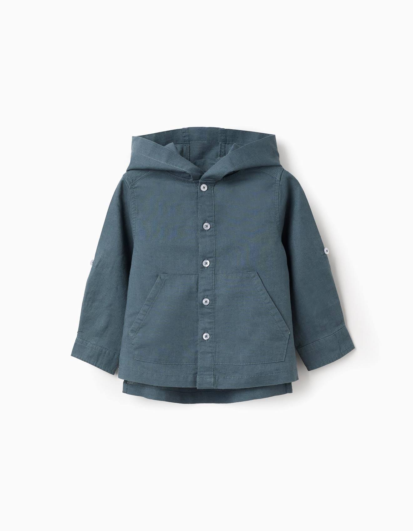Chemise Manches Longues En Lin Et Coton Avec Capuche Bleu 22 €