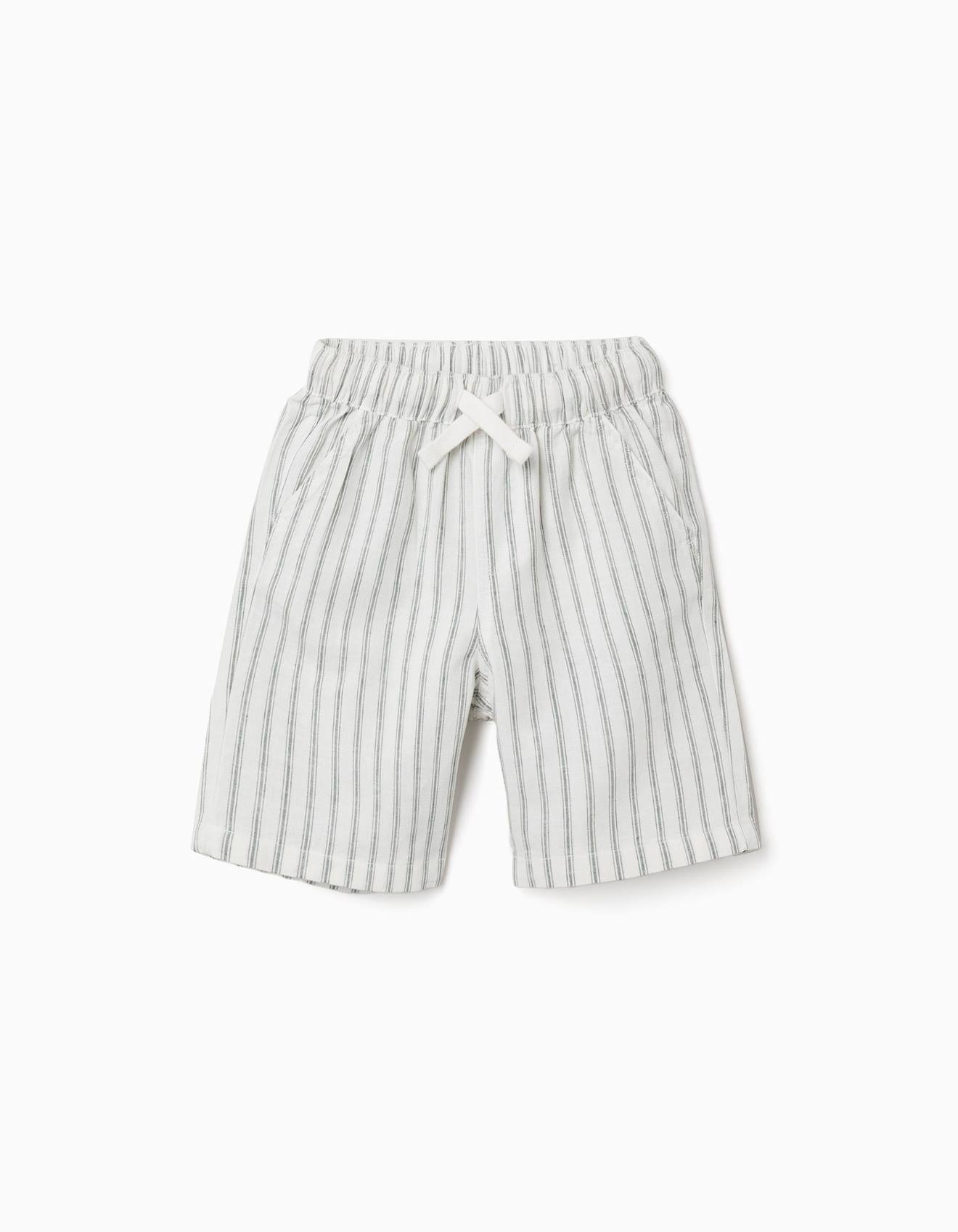 Short midi en lin rayé avec cordon de serrage blanc