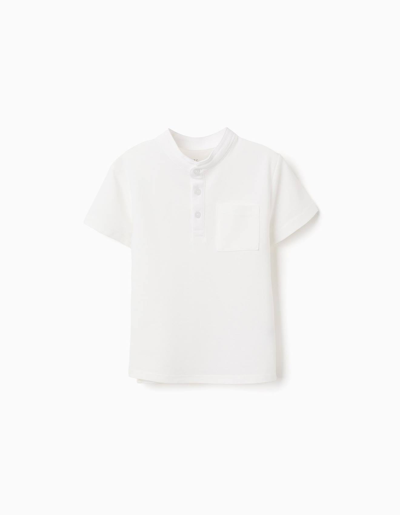 Polo En Coton Avec Col Mao Et Poche Blanc