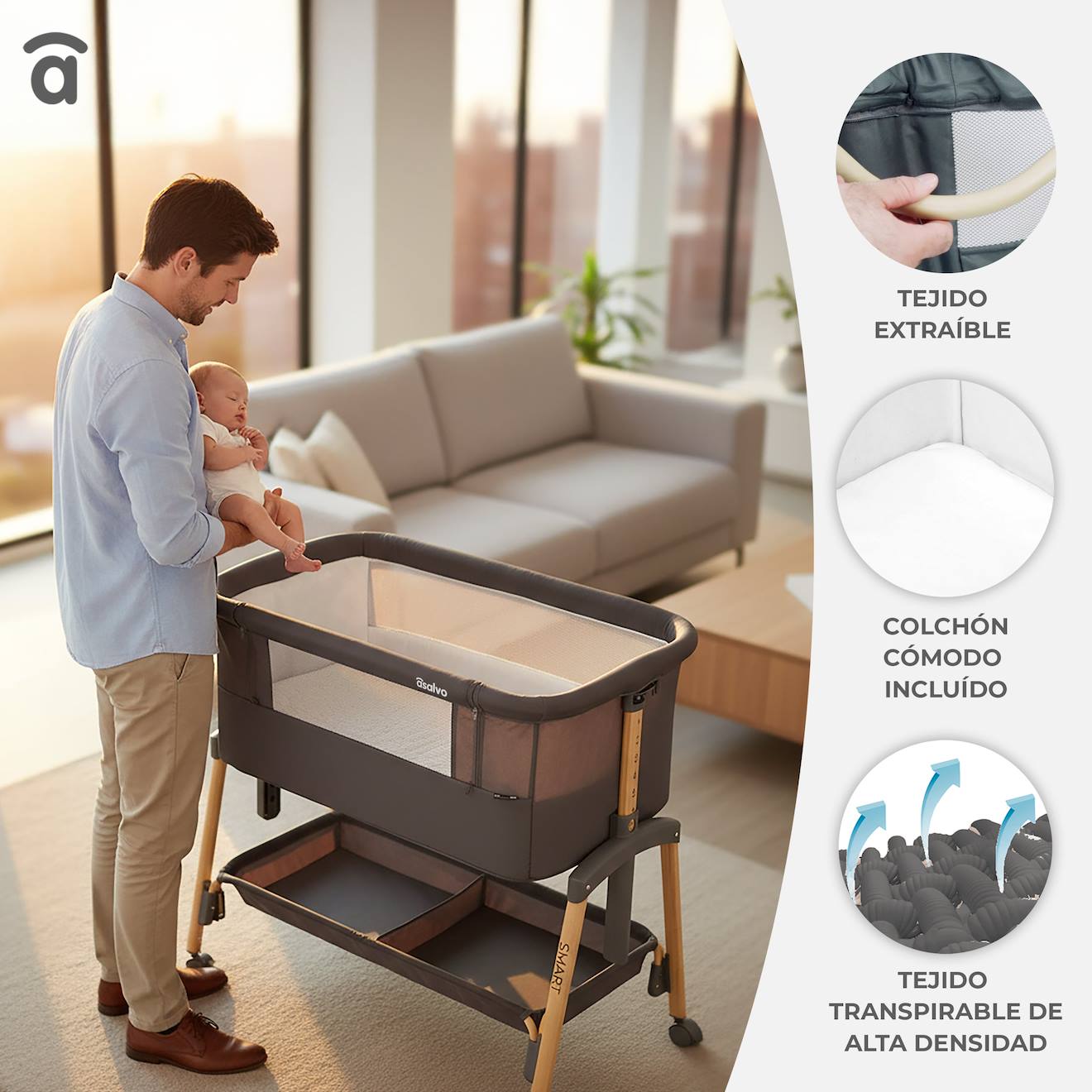 Mini Berceau Cododo 2 En 1 Réglable Smart Gris (Asalvo) - Image 2