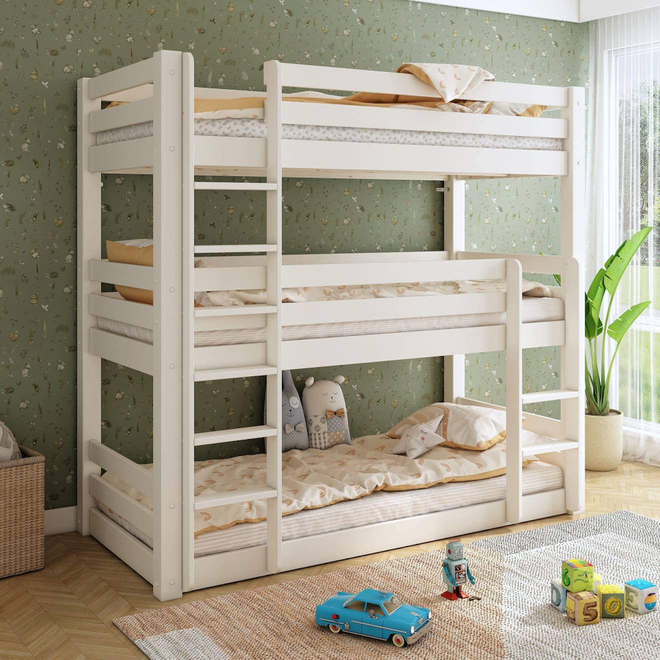 Lit Superposé Triple Extra-solide En Bois Massif Hercule Blanc