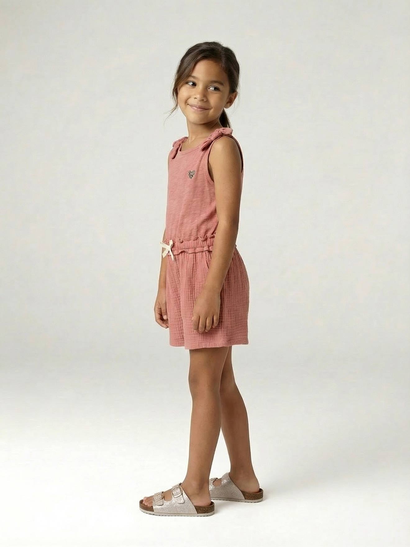 Combinaison short fille bi matière vieux rose
