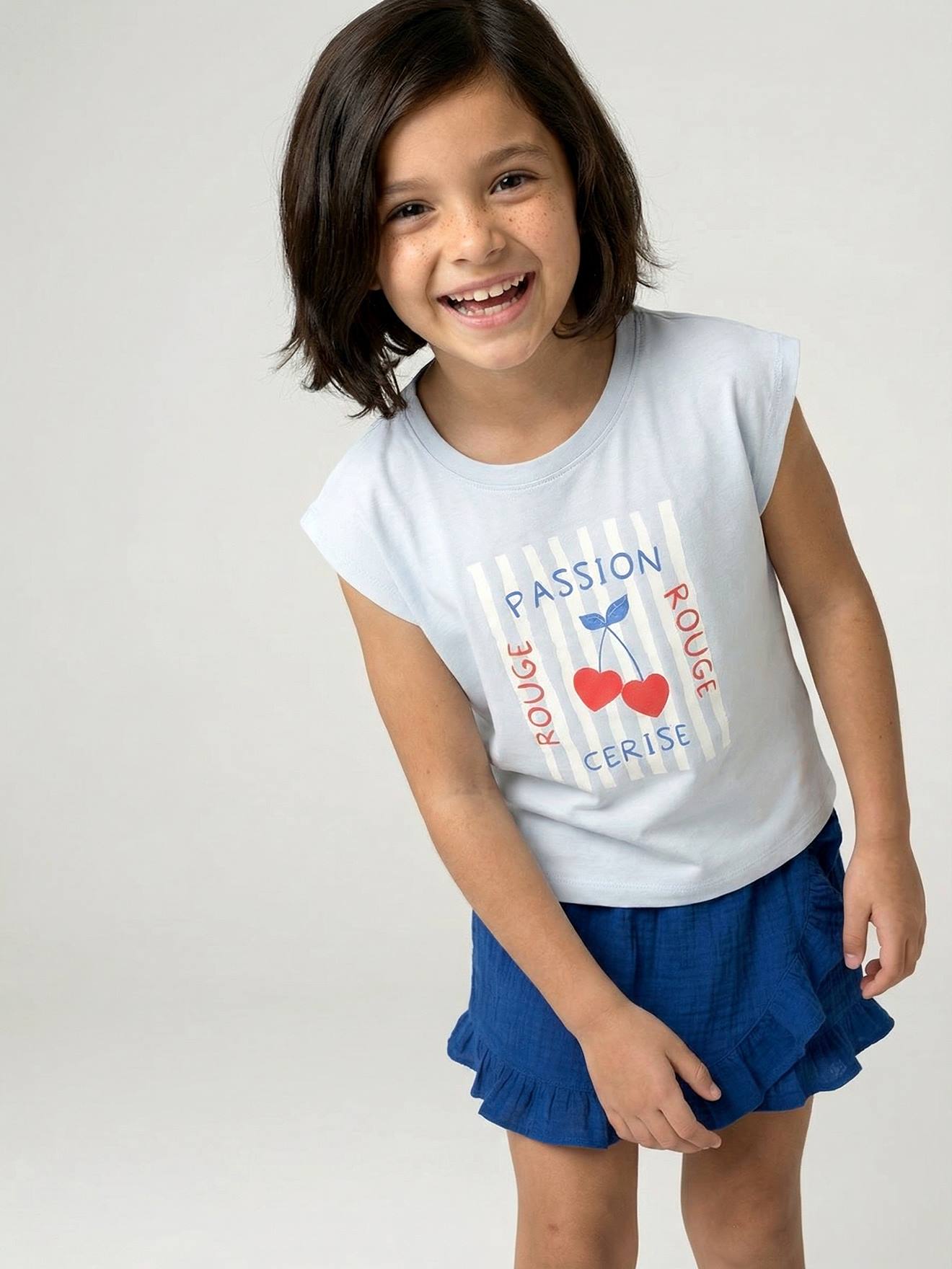 Tee-shirt fille cropped manches courtes épaulées bleu pâle
