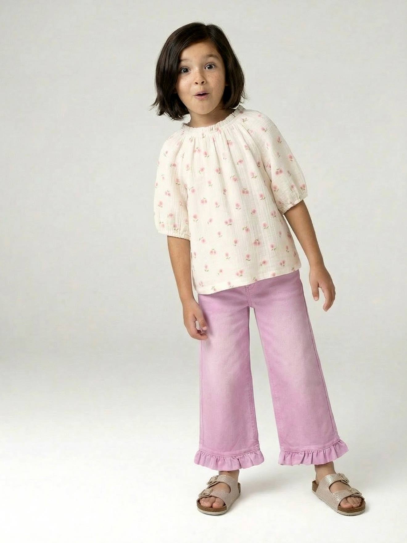 Pantalon fille large à volants lilas