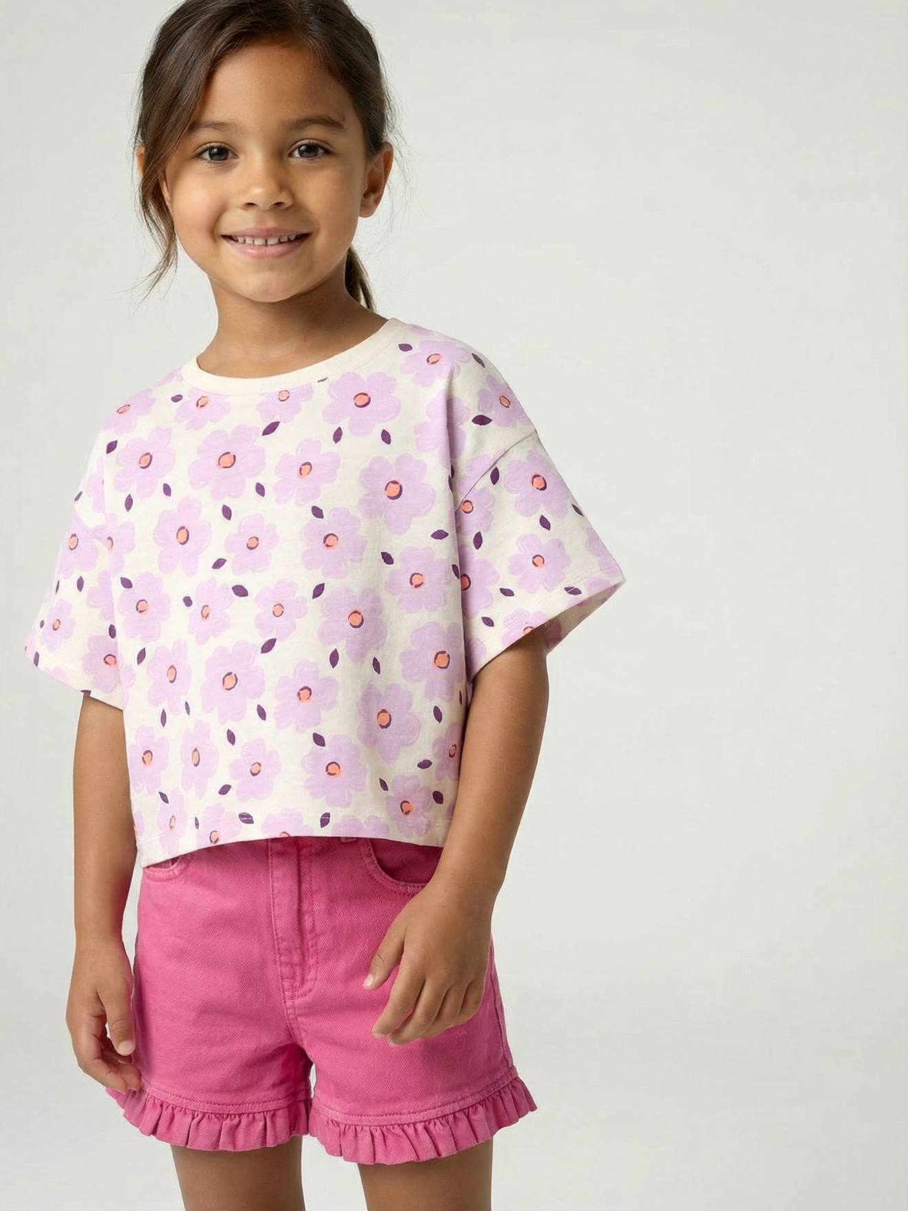 T-shirt fille cropped manches courtes écru
