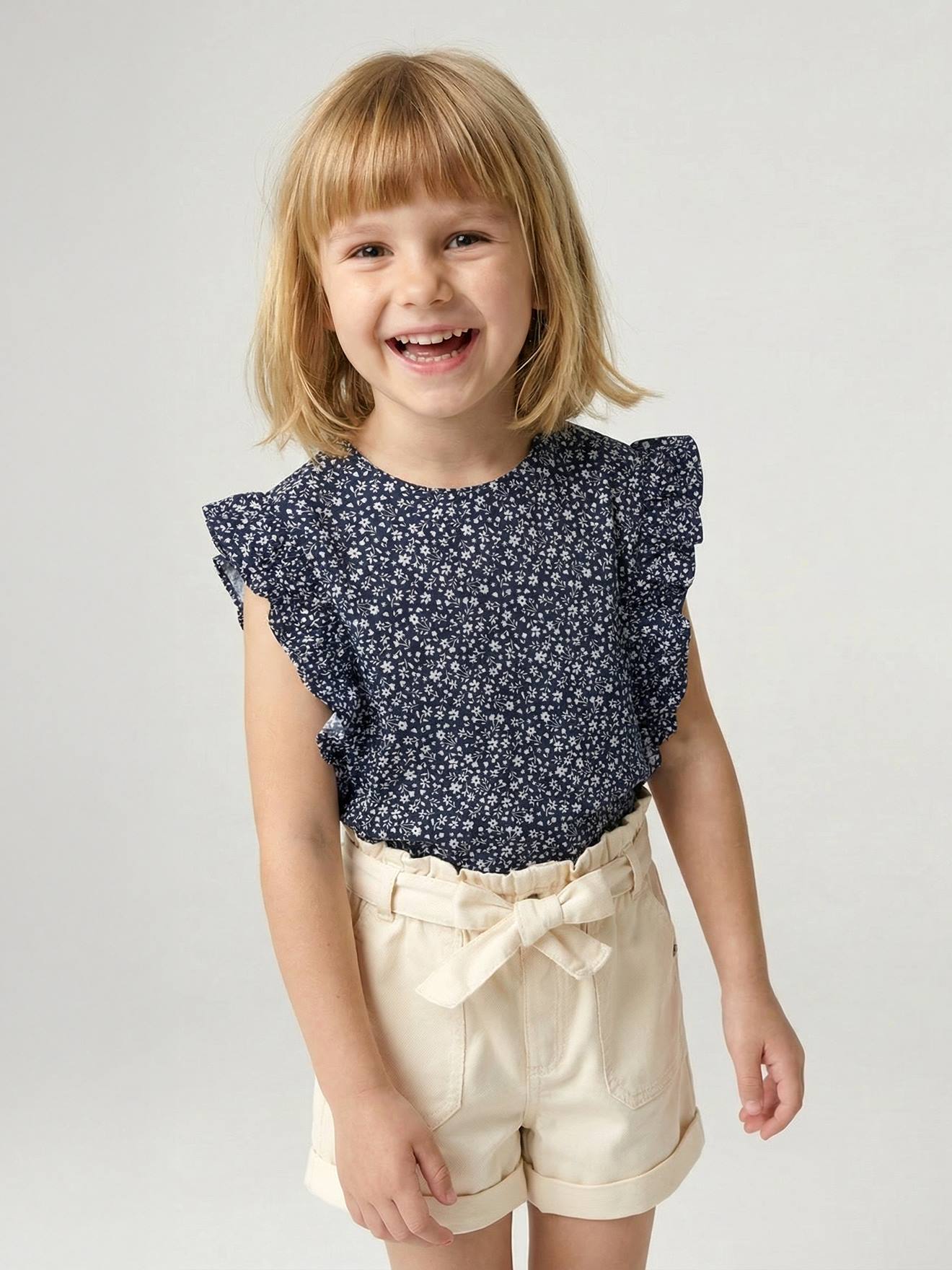 T-shirt manches courtes fille volants marine