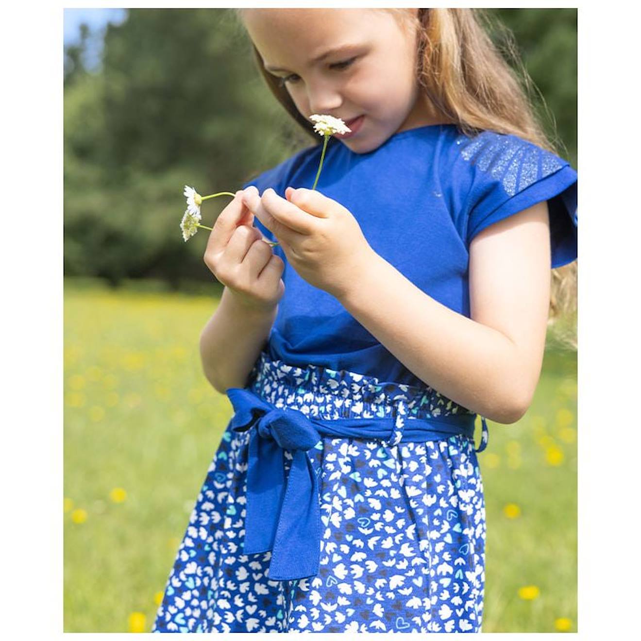 Ensemble Robe + Bandeau 100% Coton Fille Fond Bleu Imprime Blanc