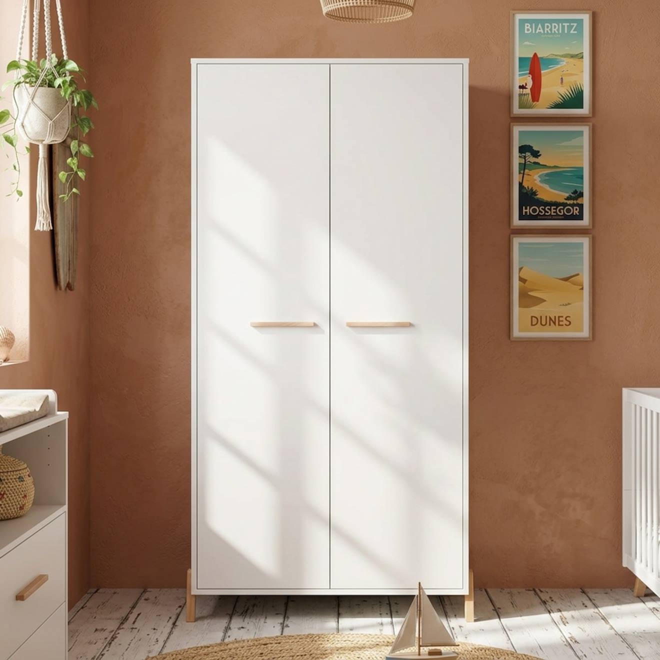 Armoire Bébé 2 Portes Sur Pieds En Bois - Joy Blanc/marron