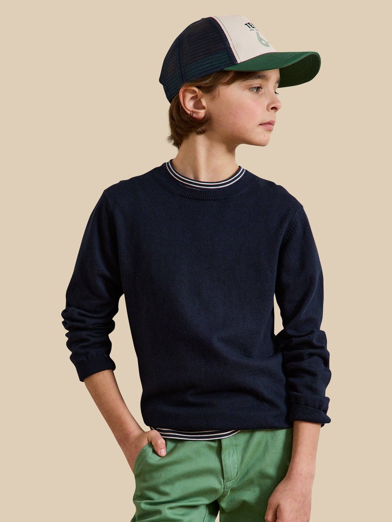 Pull Col Rond Garçon Bleu Fonce Uni