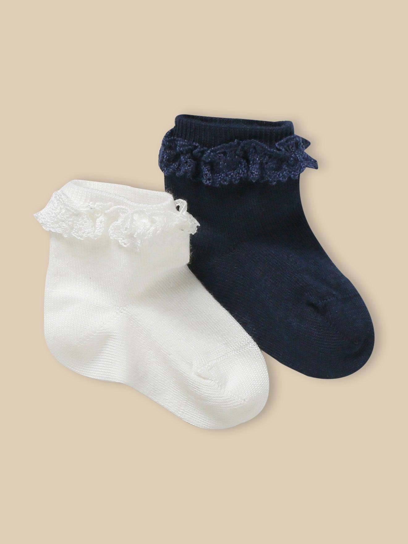 Socquettes Avec Dentelle Bébé Par Lot De 2 Ecru / Marine