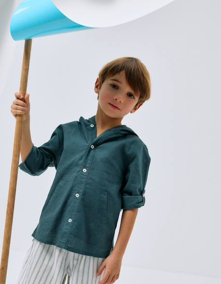 Garçon-Chemise à manches longues en lin et coton avec capuche