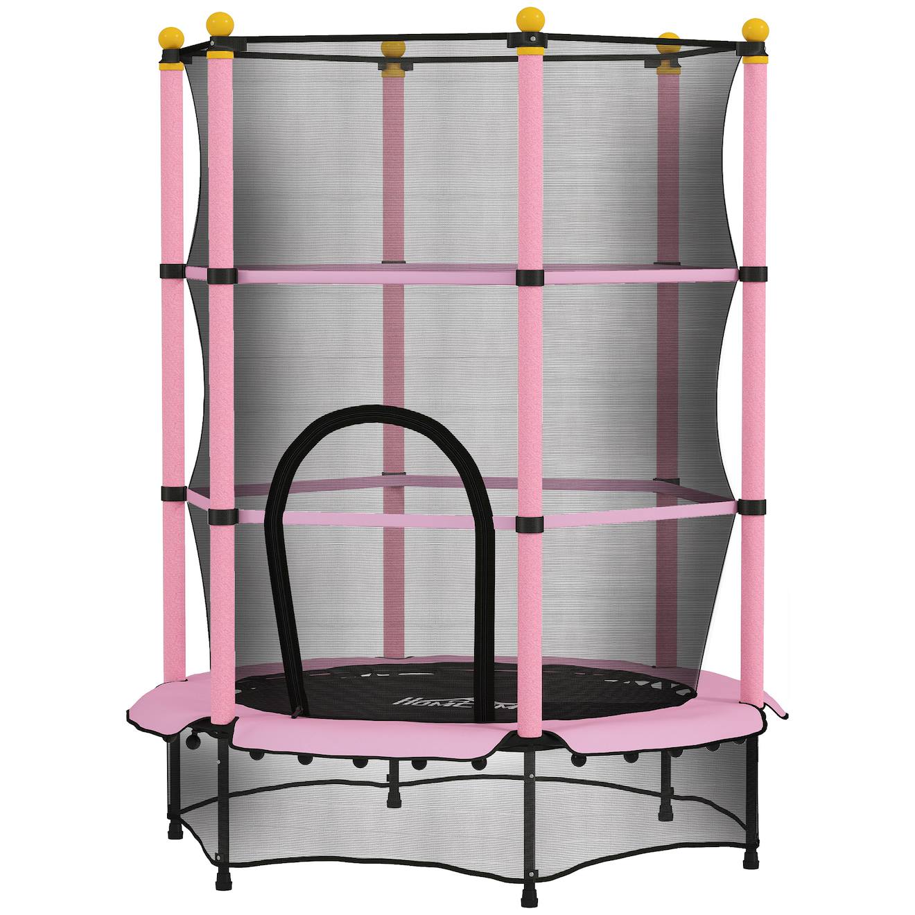 Trampoline De Jardin Enfants à 1,40 X 1,90h M Filet De Sécurité Porte Zipée Couvre-ressorts 6 Poteaux Rembourrés Inclus Rose
