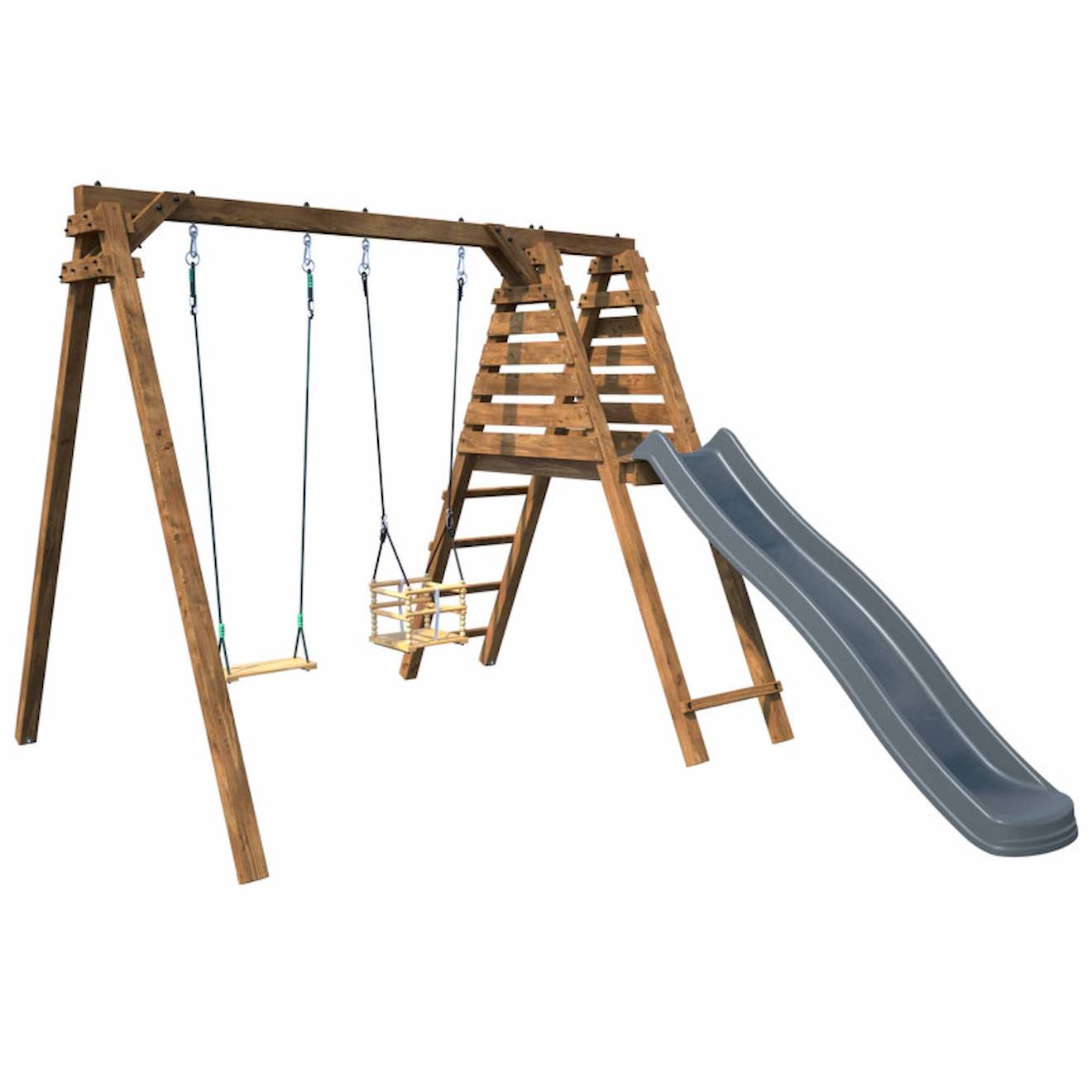 Portique En Bois Carré 2 Agrès Avec Balançoire Bébé Et Toboggan Prune Marron (soulet) - Image 2