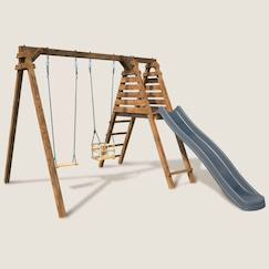 Jouet-Portique en bois carré 2 agrès avec balançoire bébé et toboggan prune