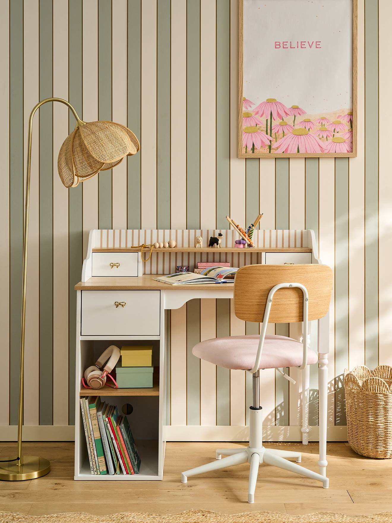 Bureau enfant bois avec rangements SOFIA écru