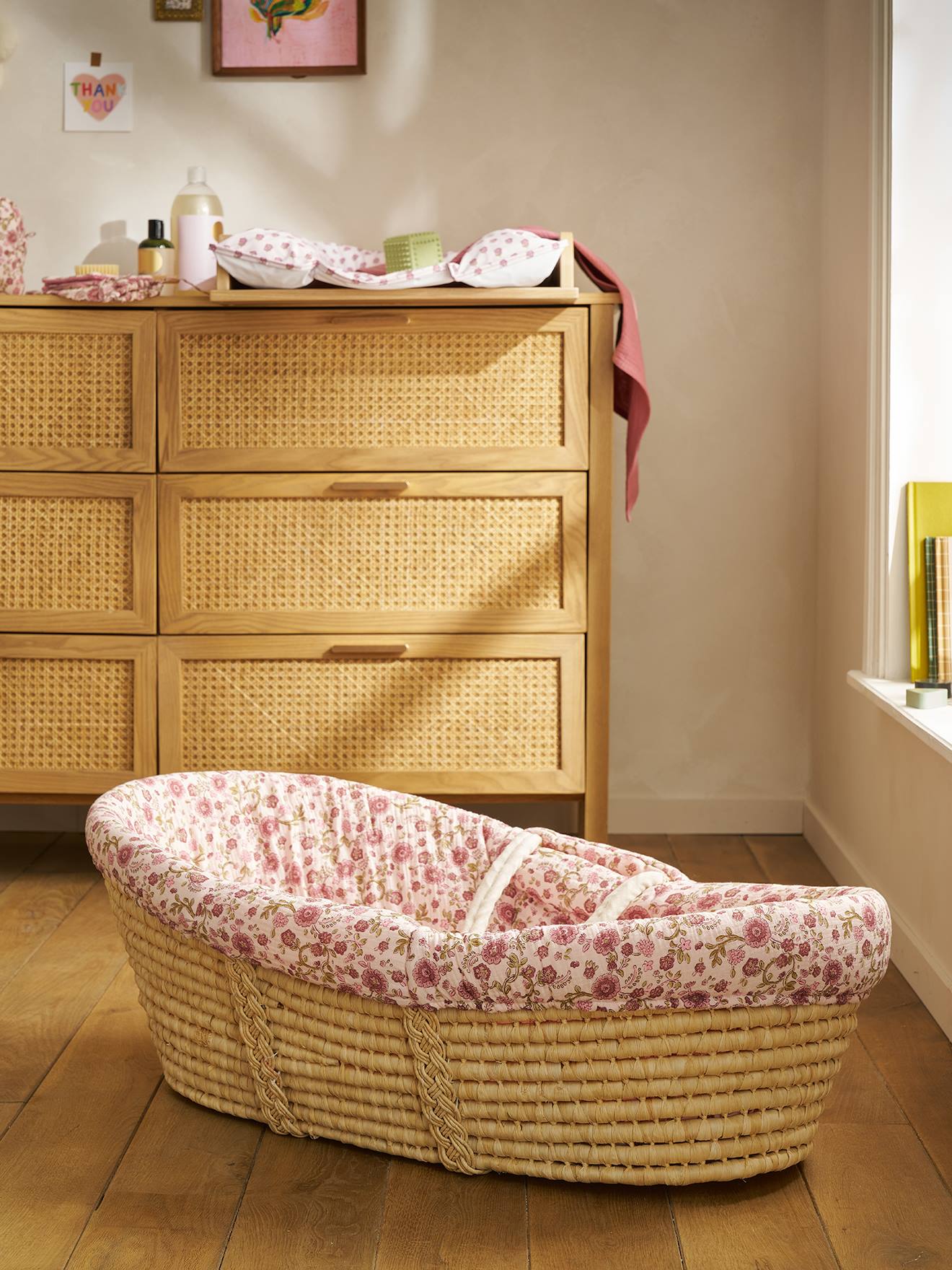 Housse pour couffin en gaze de coton rose imprimé