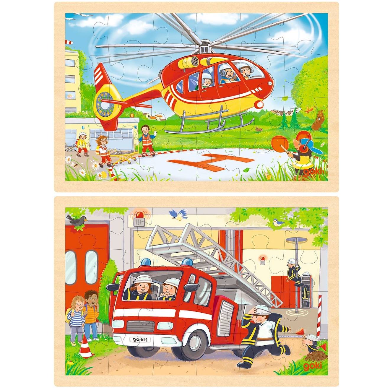 Puzzle Réversible Hélicoptère Et Pompiers 24 Pcs Beige
