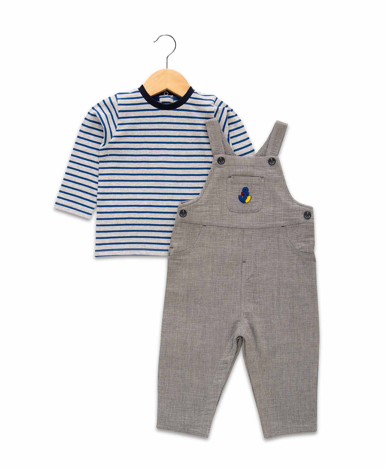 Ensemble Salopette + Haut 100% Coton Bébé Garçon Gris