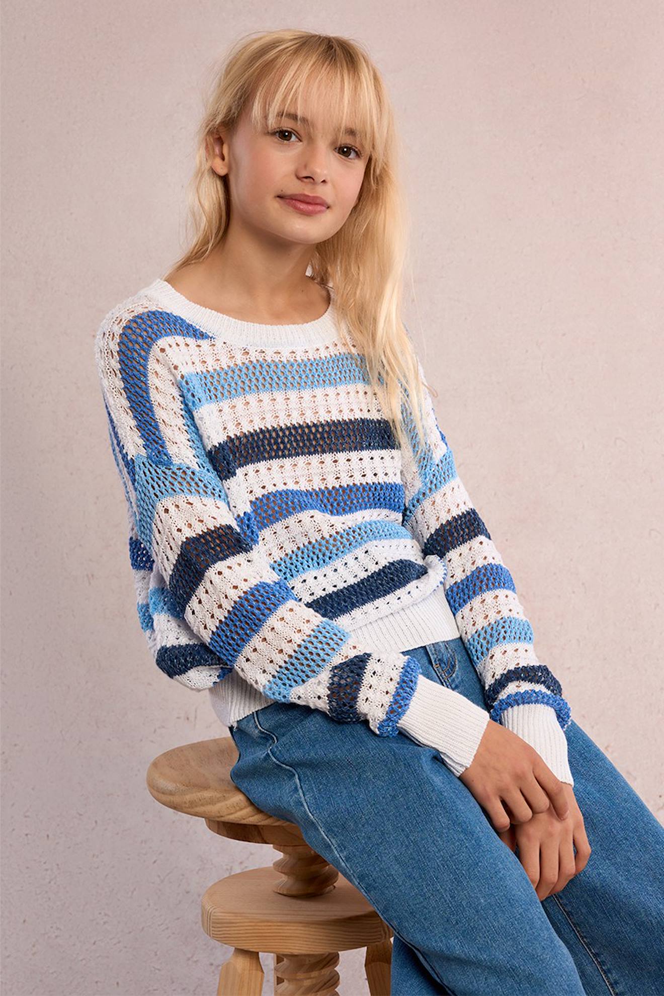 Pull Rayé, Maille Ajourée Bleu