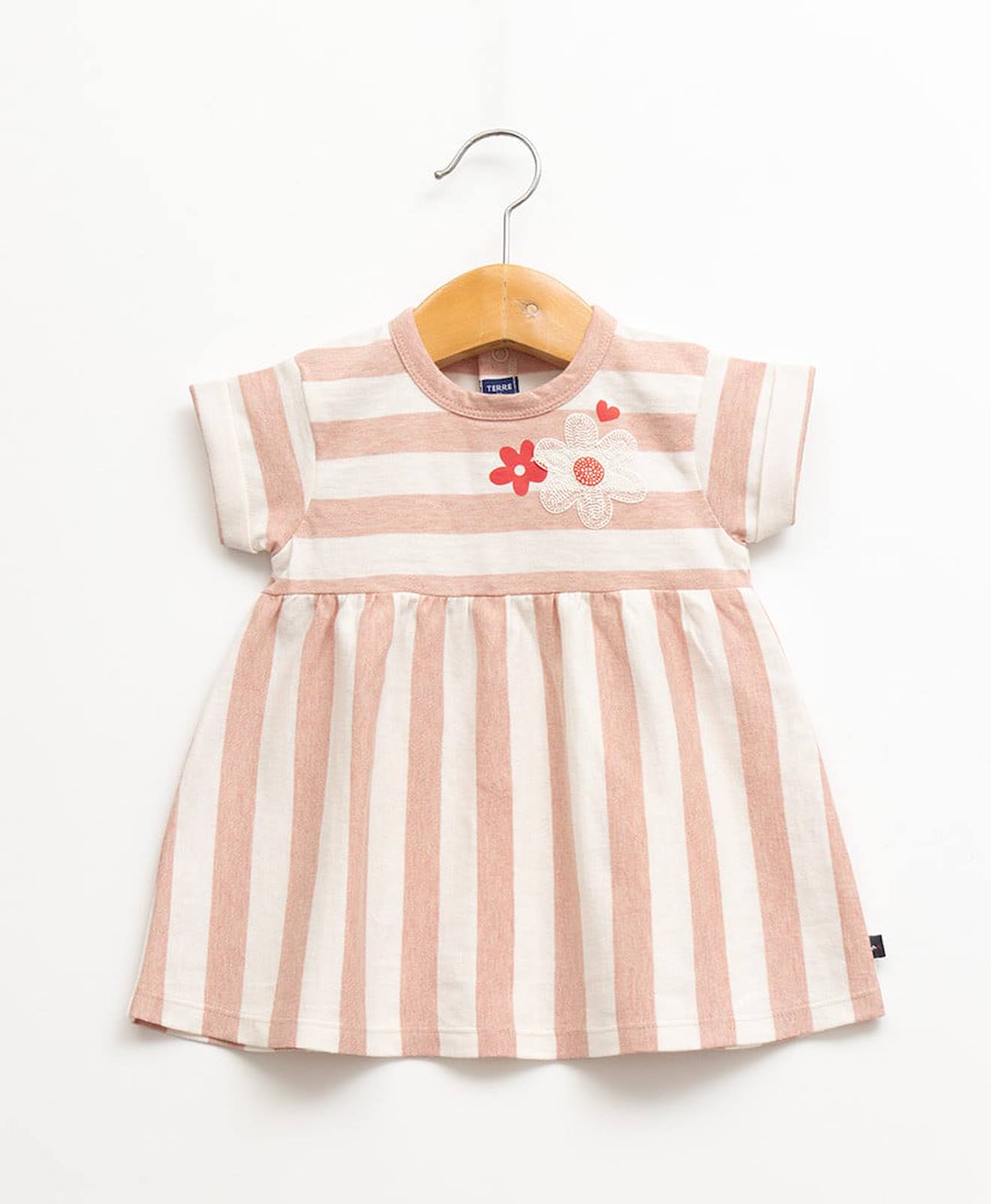 Ensemble Robe + Bandeau 100% Coton Bébé Fille Fond Blanc Casse Raye Rose