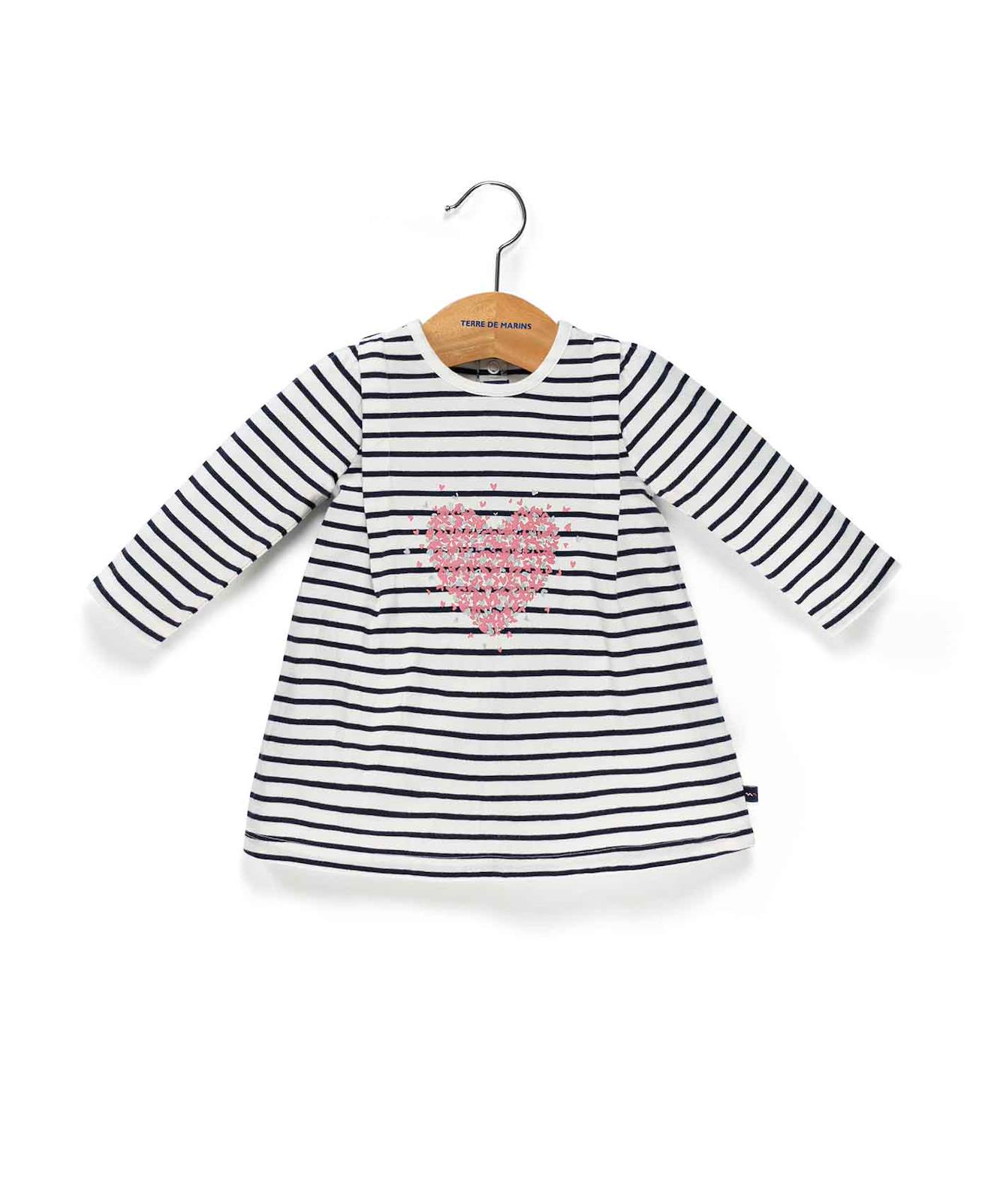 Robe Manches Longues 100% Coton Bébé Fille Fond Blanc Casse Raye Indigo