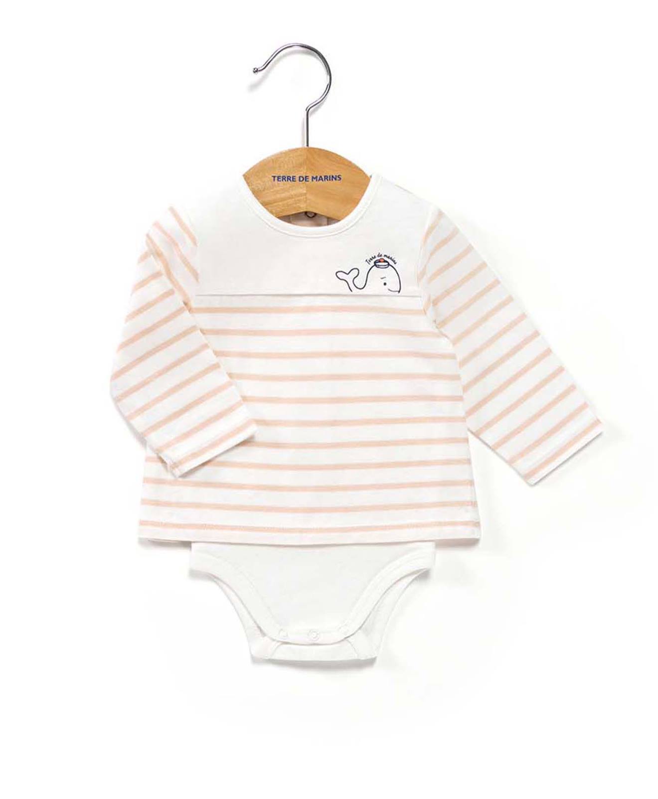 Body Manches Longues Bébé Fond Naturel Raye Peche Clair