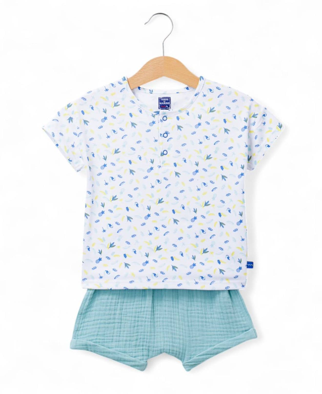 Ensemble Short + Haut 100% Coton Bébé Garçon Imprime Bleu Fond Blanc Casse