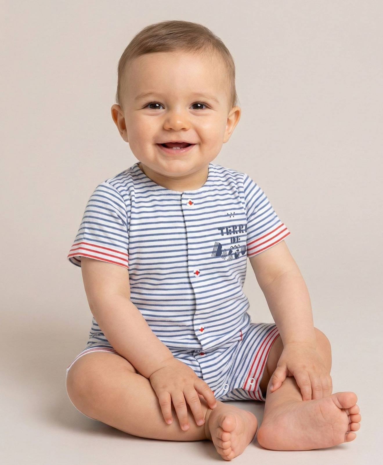 Combishort 100% Coton Bébé Garçon Fond Blanc Raye Bleu Blanchi