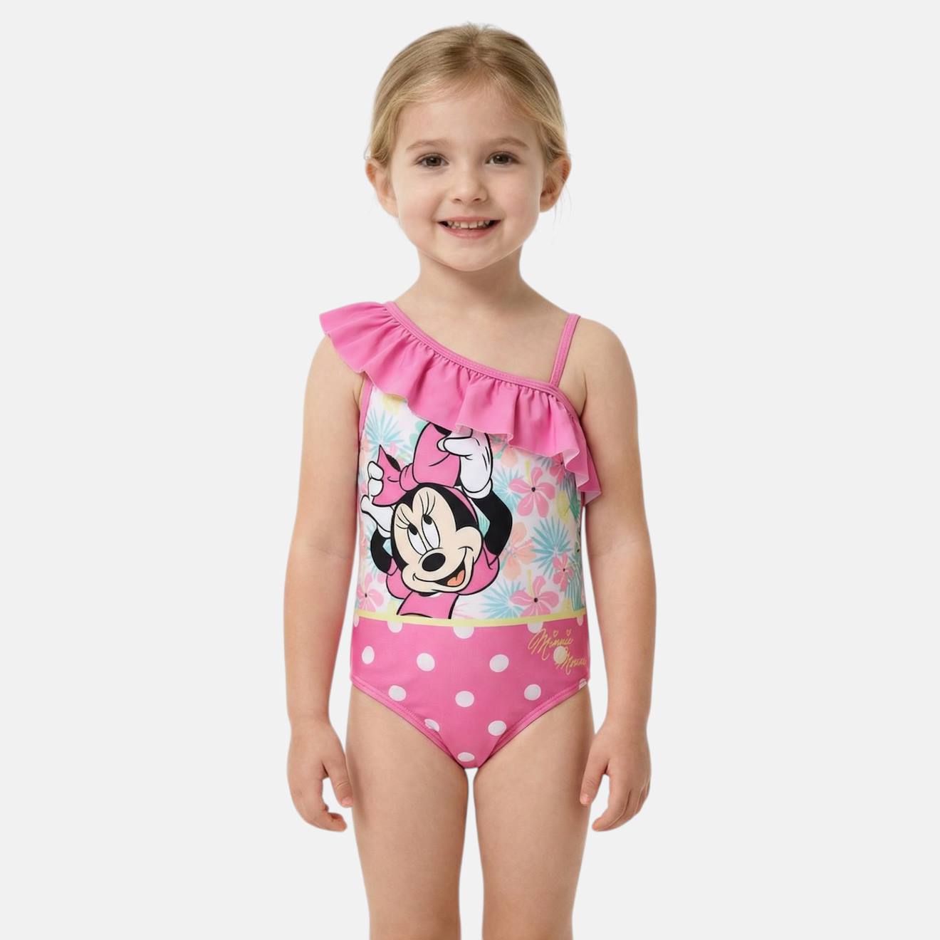 Maillot De Bain Fille 1 Pièce Asymétrique Rose À Pois Motif Personnage Minnie Rose
