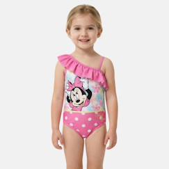 -Maillot de bain fille 1 pièce asymétrique rose à pois motif personnage minnie