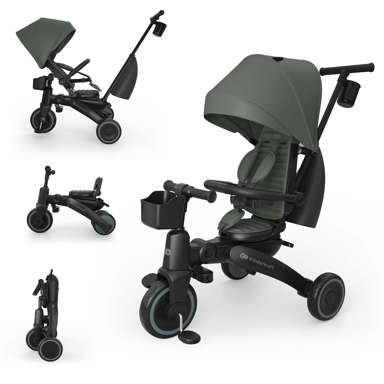 Tricycle Évolutif Kinderkraft Jazz 3 Pliable Avec Siège Pivotant, Position Semi-allongée, Mode Draisienne Et Capote Upf 50+ Vert