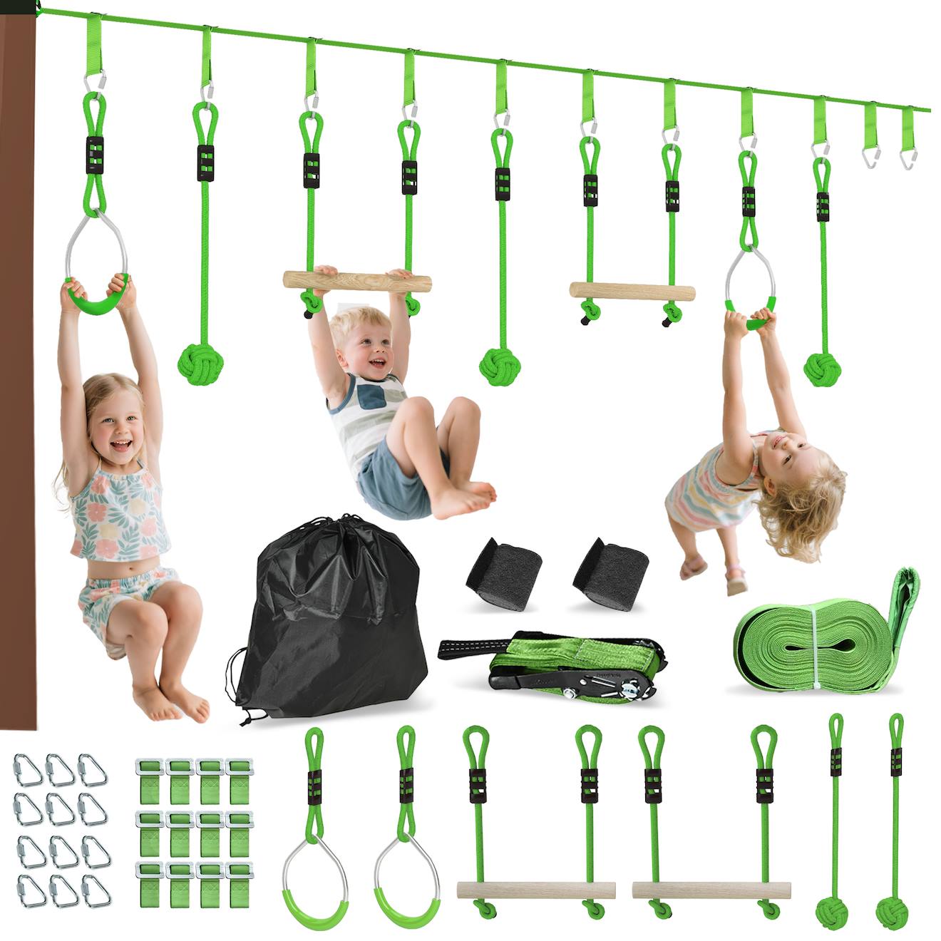 Tyrolienne Enfant 10m Max. 50kg - Kit Complet - Nombreux Accessoires - Vert Vert