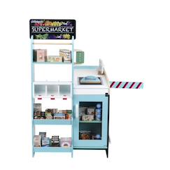 Jouet-Jeux d'imitation-Cuisines et dinette-Marchande - Supermarché en bois avec accessoires