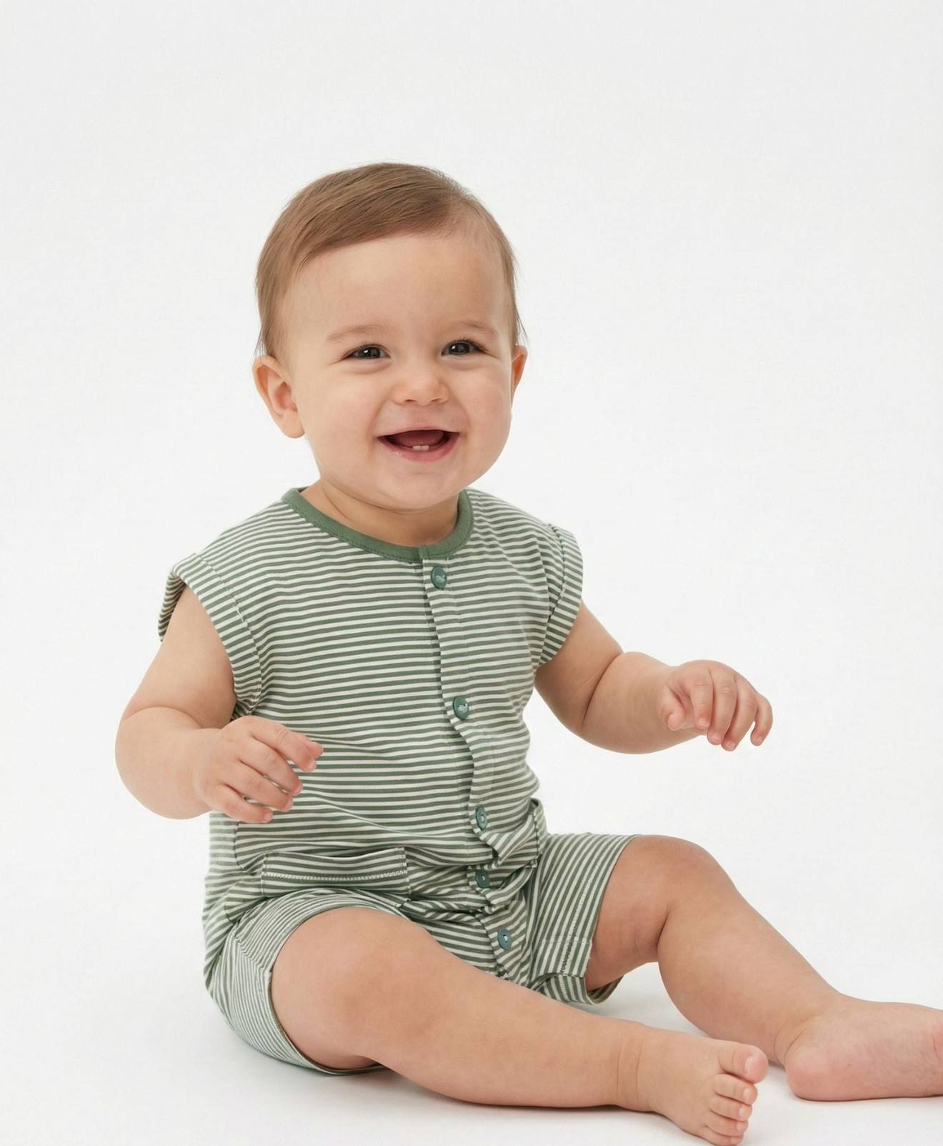 Combishort 100% Coton Bébé Mixte Fond Blanc Casse Raye Kaki