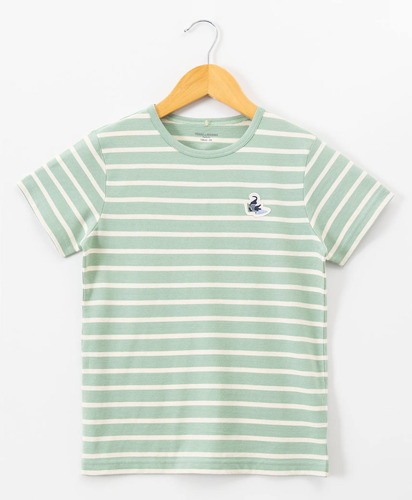 Mariniere Manches Courtes 100% Coton Garçon Fond Vert Raye Grege