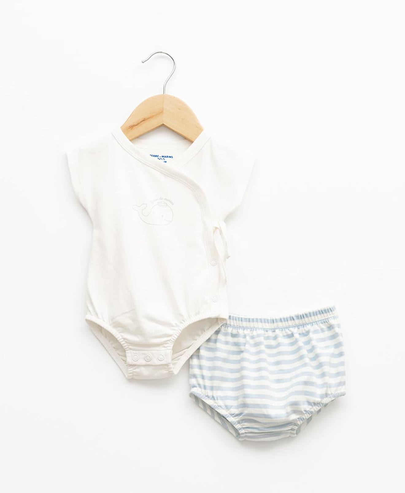 Ensemble Bloomer + Haut 100% Coton Bébé Garçon Fond Blanc Casse Raye Bleu