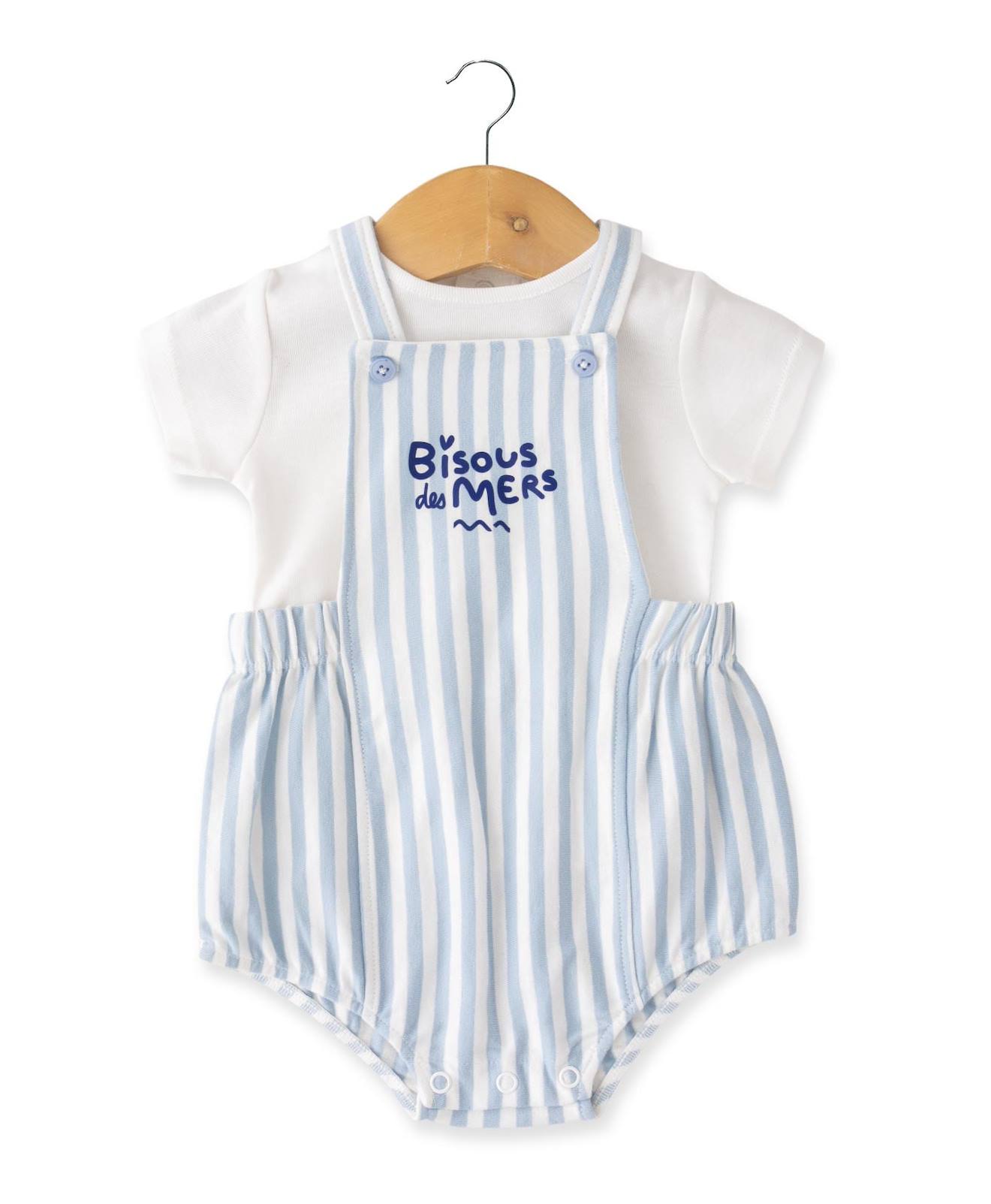 Ensemble Salopette + Haut 100% Coton Bébé Garçon Naturel/bleu