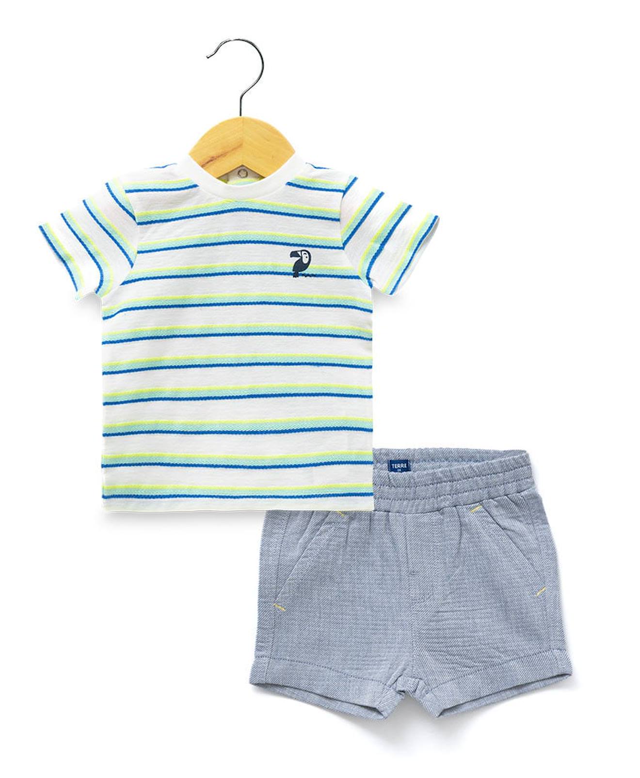 Ensemble Short + Haut 100% Coton Bébé Garçon Fond Blanc Casse Raye Multicol