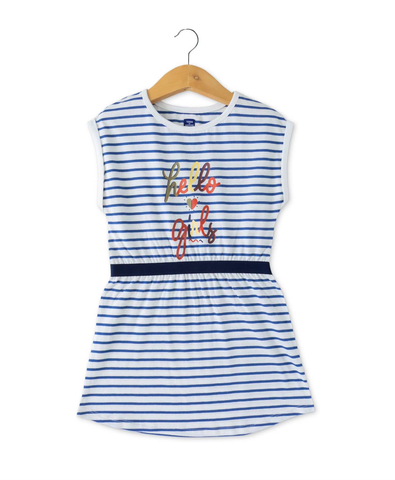 Robe Manches Courtes 100% Coton Fille Fond Blanc Raye Indigo