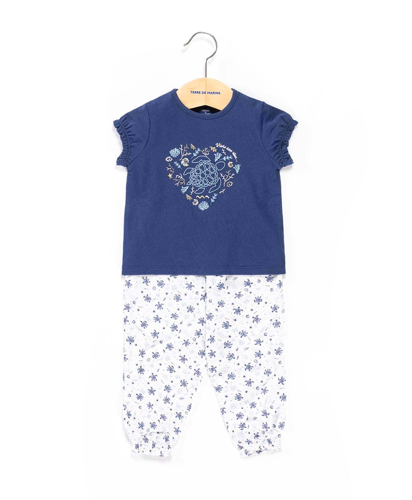 Ensemble Pantacourt + Haut 100% Coton Bébé Fille Bleu Navy