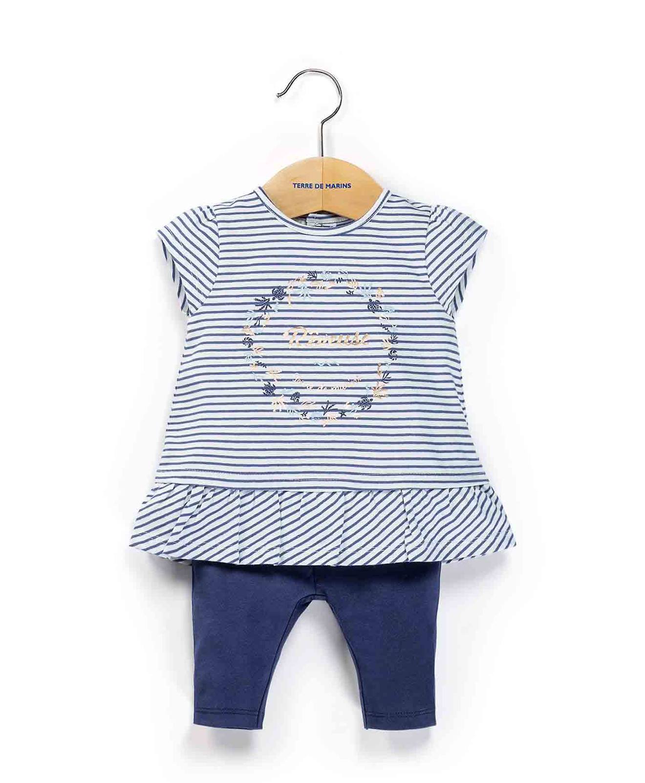Ensemble Tunique Leggings 100 Coton Bb Fille Fond Blanc Raye Marine 18 €