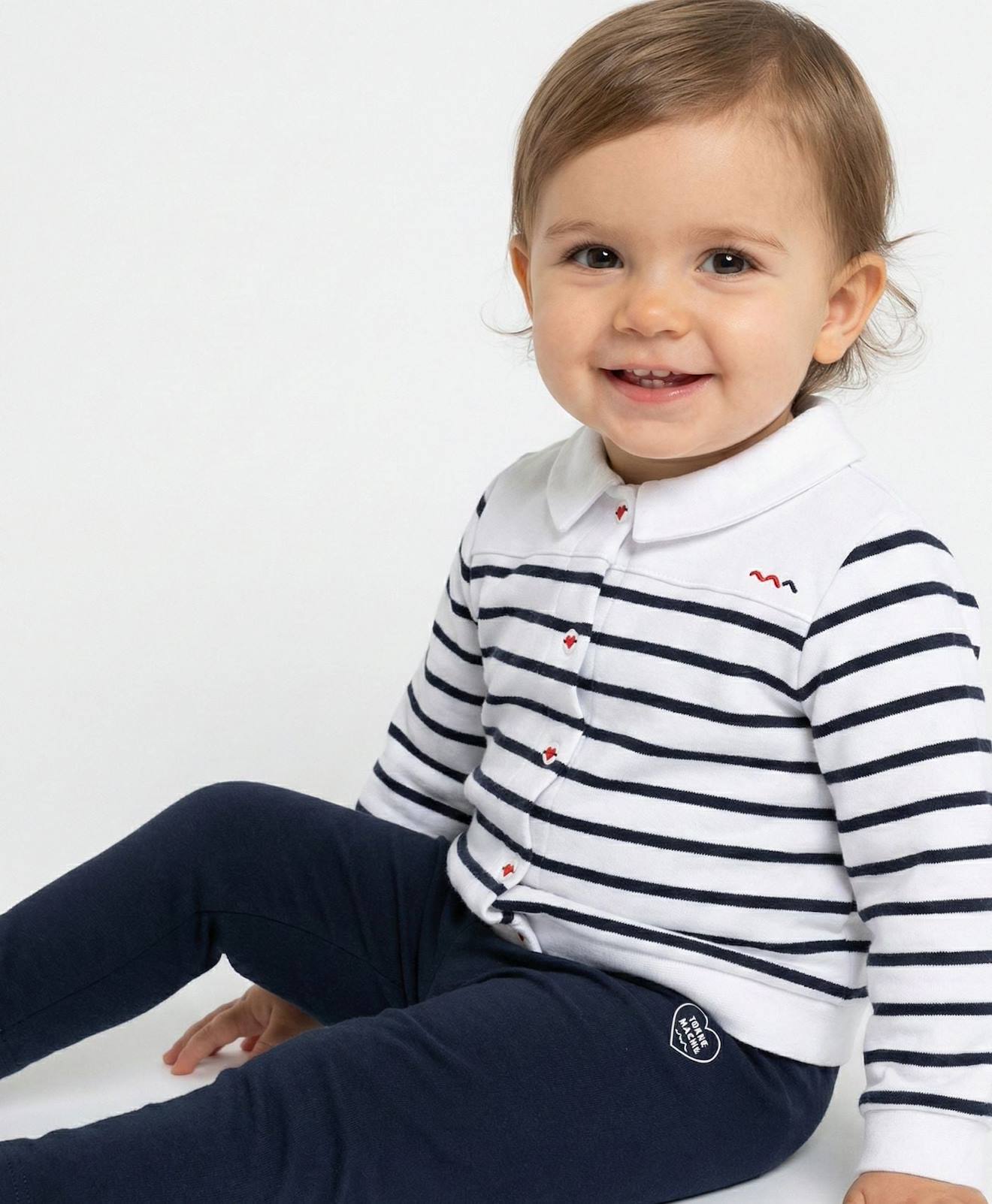 Veste 100% Coton Bébé Fille Fond Blanc Raye Indigo