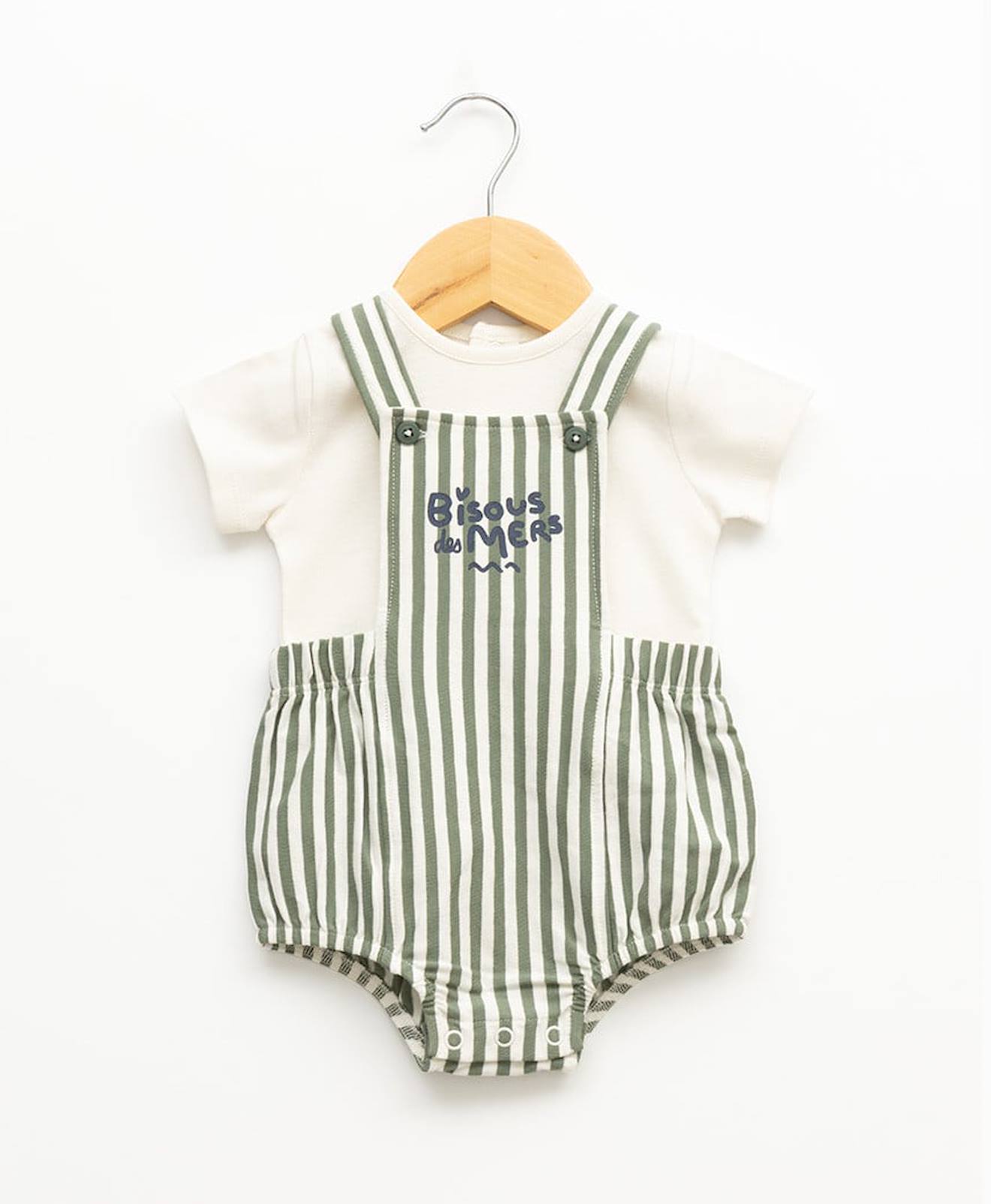 Ensemble Salopette + Haut 100% Coton Bébé Garçon Fond Naturel Raye Kaki