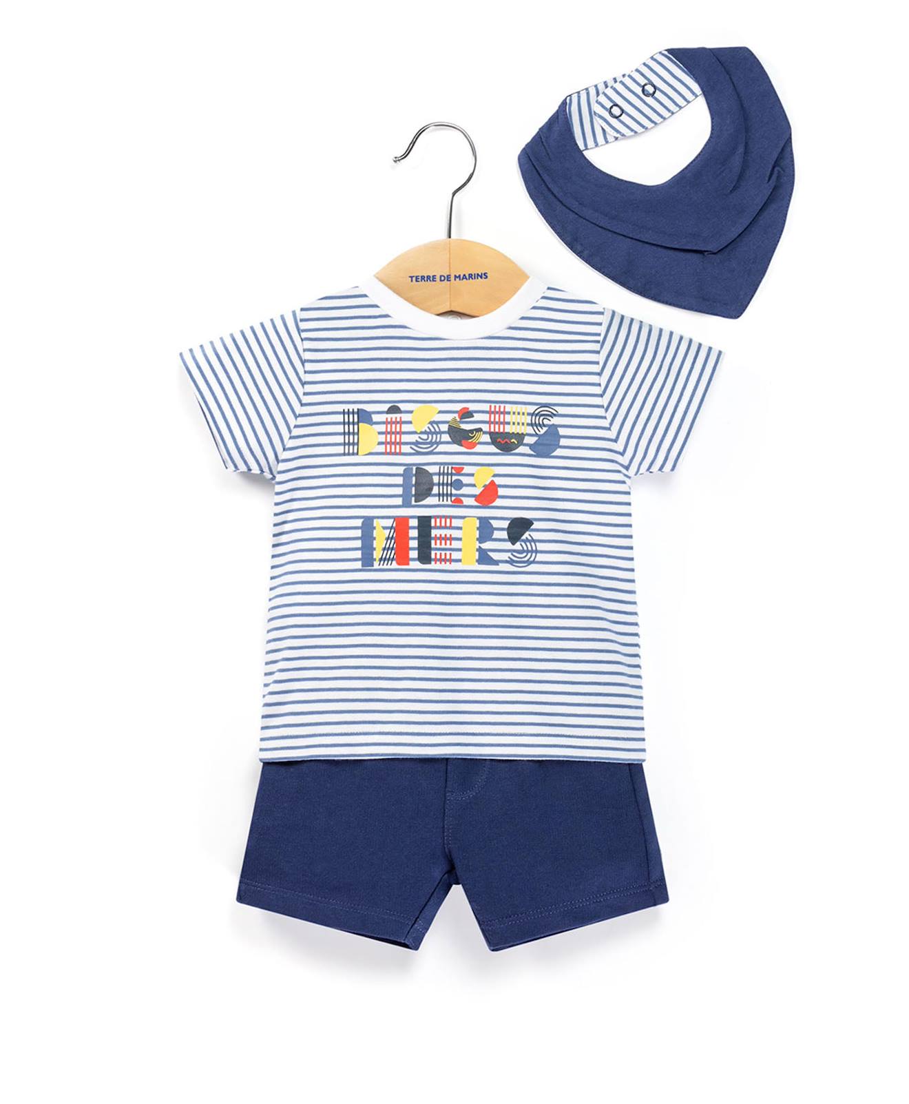 Ensemble Short + Haut 100% Coton Bébé Garçon Fond Blanc Raye Bleu