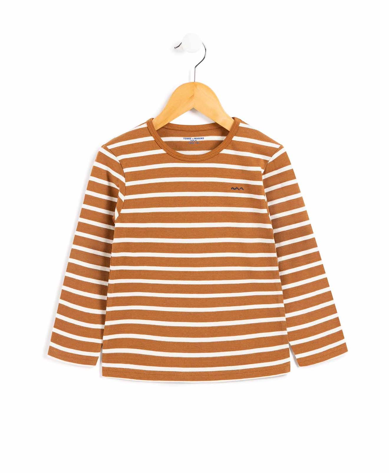 Mariniere Manches Longues 100% Coton Garçon Fond Camel Raye Grege