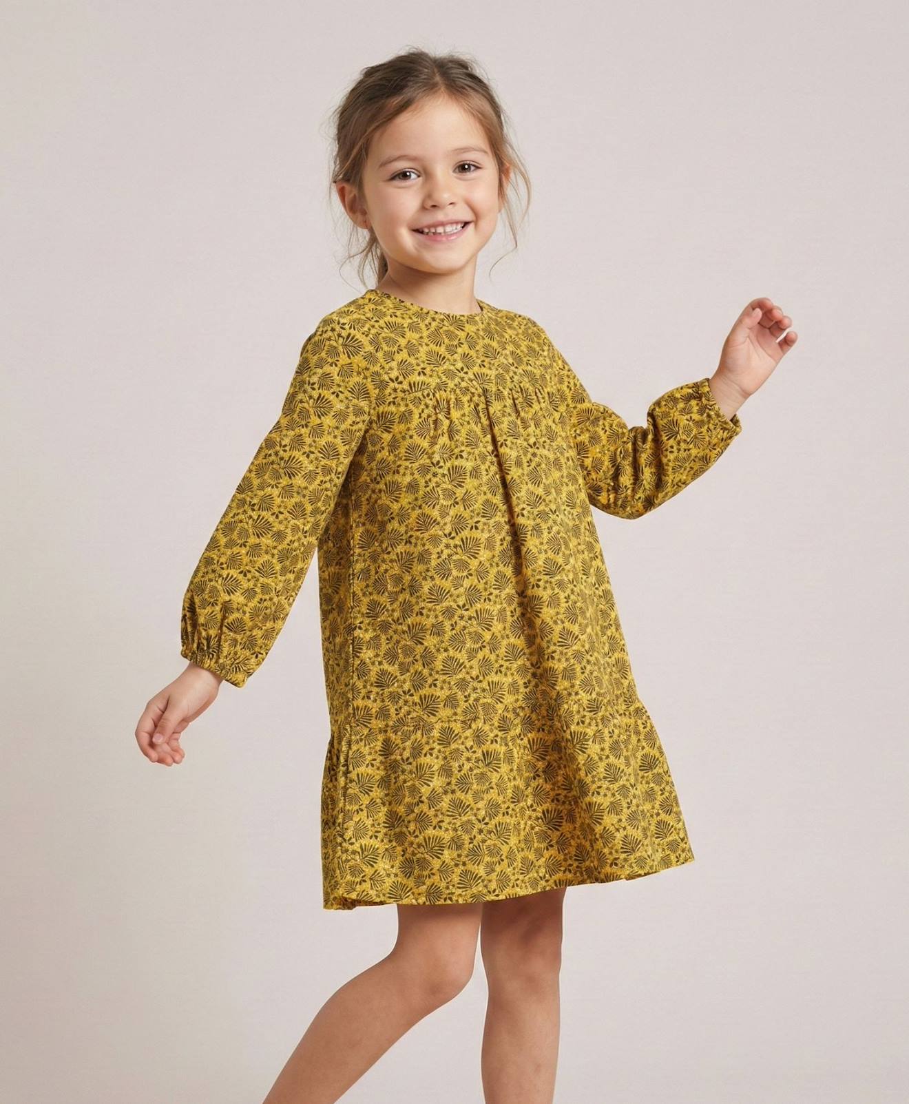 Robe Manches Longues 100% Coton Fille Imprime Jaune Ocre
