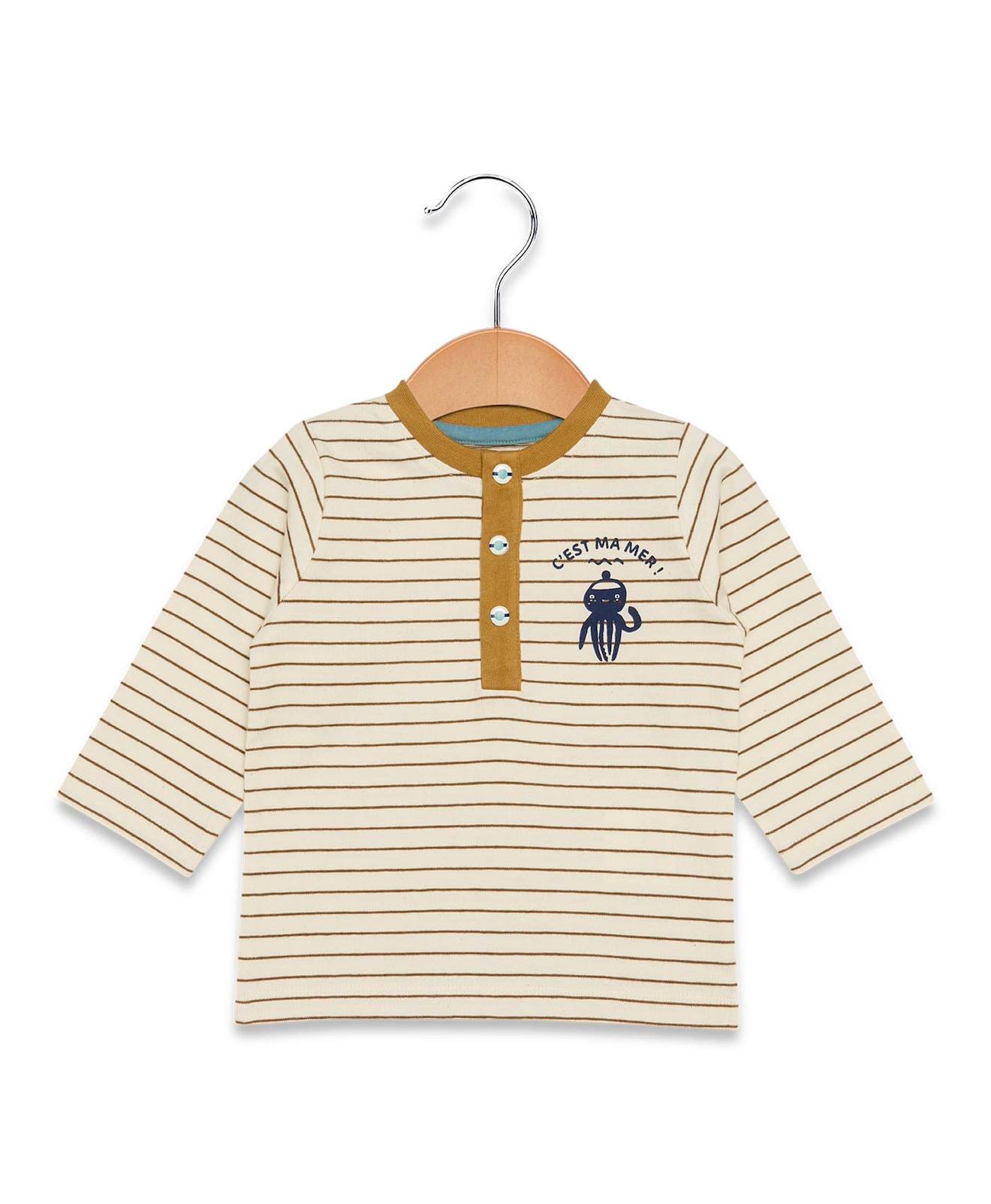 Mariniere Manches Longues 100% Coton Bébé Garçon Fond Grege Raye Marron
