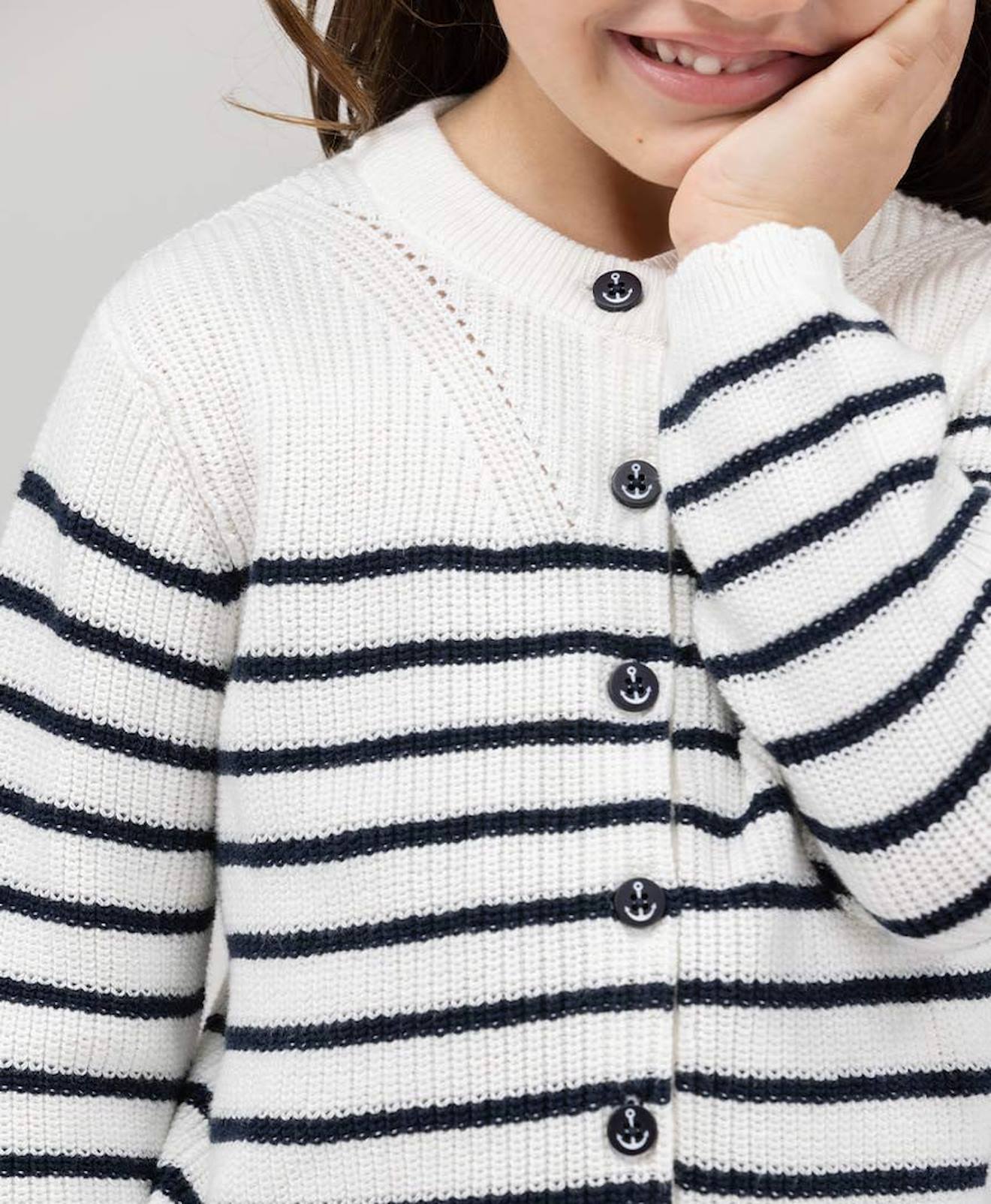 Gilet 100% Coton Fille Fond Naturel Raye Indigo